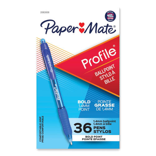 Image of Paper Mate® 2083008 Profile Ballpoint Pen, Retractable, Bold 1.4 mm, Blue Ink, Translucent Blue Barrel, 36/Pack