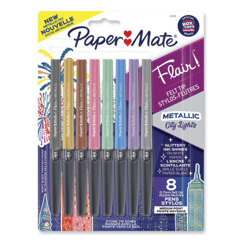 Image of Paper Mate® 2134319 Flair Metallic Porous Point Pen, Stick, Medium 0.7 mm, Assorted Ink and Barrel Colors, 8/Pack