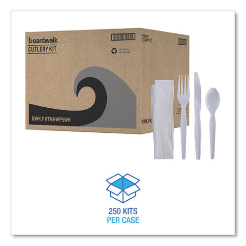 Image of Boardwalk® BWKFKTNHWPSWH Four-Piece Cutlery Kit, Heavyweight, Fork/Knife/Napkin/Spoon, Plastic, White, 250/Carton