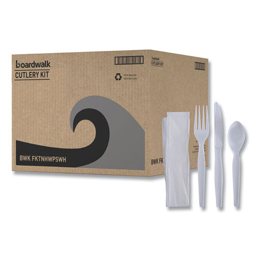 Image of Boardwalk® BWKFKTNHWPSWH Four-Piece Cutlery Kit, Heavyweight, Fork/Knife/Napkin/Spoon, Plastic, White, 250/Carton
