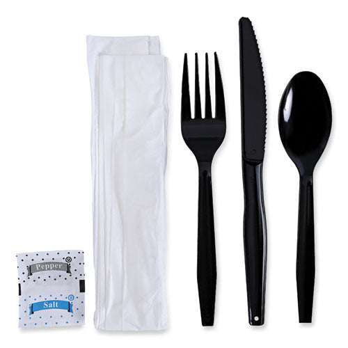 Image of BoardwalkÂ® Six-Piece Cutlery Kit, Mediumweight, Fork/Knife/Napkin/Pepper/Salt/Spoon, Plastic, Black, 250/Carton
