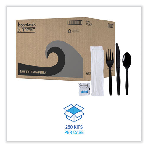 Image of BoardwalkÂ® Six-Piece Cutlery Kit, Mediumweight, Fork/Knife/Napkin/Pepper/Salt/Spoon, Plastic, Black, 250/Carton
