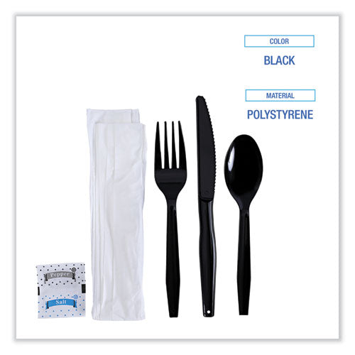 Image of BoardwalkÂ® Six-Piece Cutlery Kit, Mediumweight, Fork/Knife/Napkin/Pepper/Salt/Spoon, Plastic, Black, 250/Carton