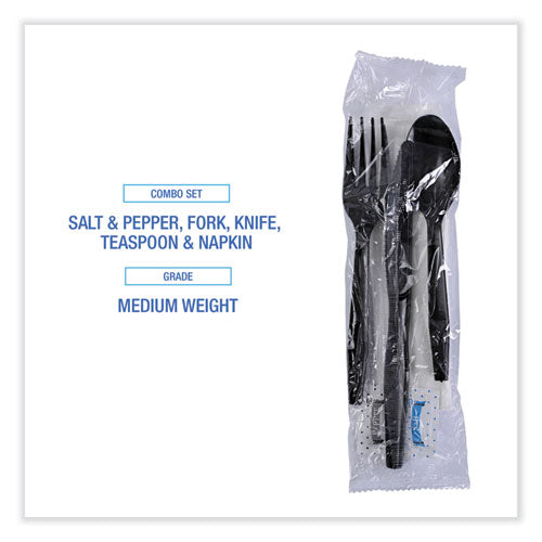 Image of BoardwalkÂ® Six-Piece Cutlery Kit, Mediumweight, Fork/Knife/Napkin/Pepper/Salt/Spoon, Plastic, Black, 250/Carton