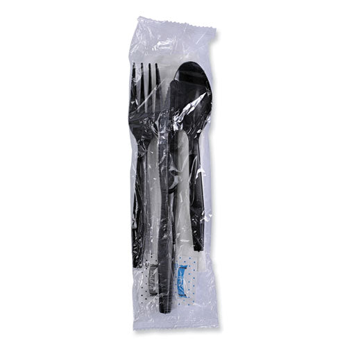 Image of BoardwalkÂ® Six-Piece Cutlery Kit, Mediumweight, Fork/Knife/Napkin/Pepper/Salt/Spoon, Plastic, Black, 250/Carton