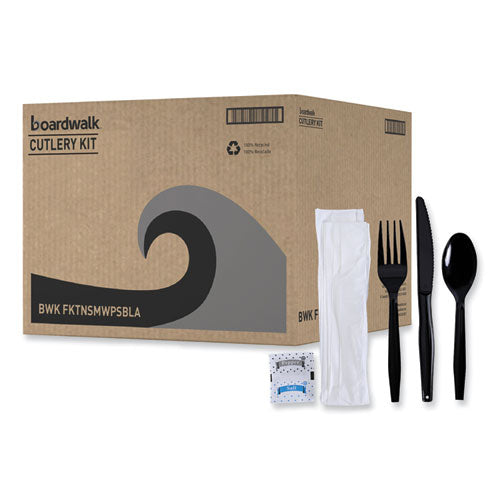 Image of BoardwalkÂ® Six-Piece Cutlery Kit, Mediumweight, Fork/Knife/Napkin/Pepper/Salt/Spoon, Plastic, Black, 250/Carton