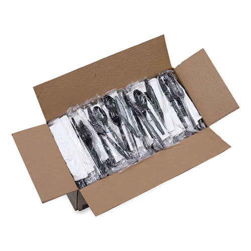 Image of BoardwalkÂ® Six-Piece Cutlery Kit, Mediumweight, Fork/Knife/Napkin/Pepper/Salt/Spoon, Plastic, Black, 250/Carton
