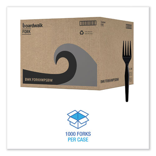 Image of Boardwalk® BWKFORKHWPSBIW Heavyweight Wrapped Polystyrene Cutlery, Fork, Plastic, Black, 1,000/Carton