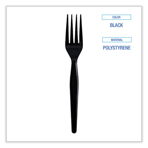 Image of Boardwalk® BWKFORKHWPSBIW Heavyweight Wrapped Polystyrene Cutlery, Fork, Plastic, Black, 1,000/Carton
