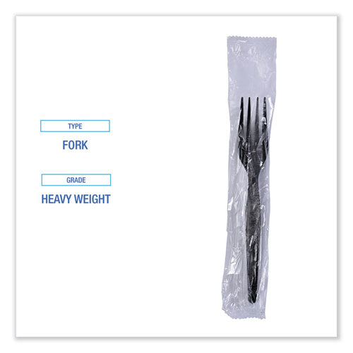 Image of Boardwalk® BWKFORKHWPSBIW Heavyweight Wrapped Polystyrene Cutlery, Fork, Plastic, Black, 1,000/Carton