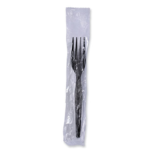Image of Boardwalk® BWKFORKHWPSBIW Heavyweight Wrapped Polystyrene Cutlery, Fork, Plastic, Black, 1,000/Carton