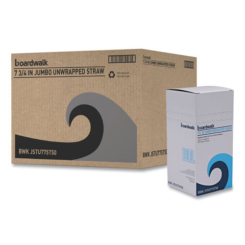 Image of Boardwalk® BWKJSTU775T50 Jumbo Straws, Unwrapped, 7.75", Plastic, Translucent, 250/Pack, 50 Packs/Carton