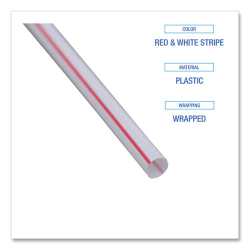 Image of Boardwalk® BWKJSTW775S24 Wrapped Jumbo Straws, 7.75", Plastic, White/Red Stripe, 400/Pack, 25 Packs/Carton