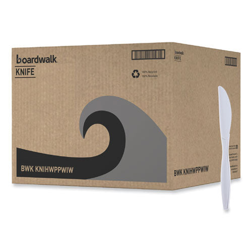Image of Boardwalk® BWKKNIHWPPWIW Heavyweight Wrapped Polypropylene Cutlery, Knife, Plastic, White, 1,000/Carton