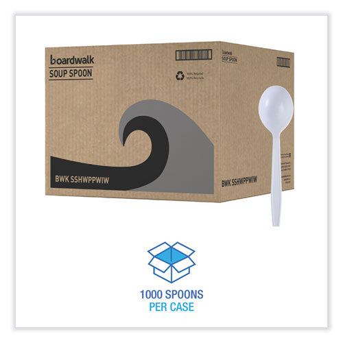 Image of Boardwalk® BWKSSHWPPWIW Heavyweight Wrapped Polypropylene Cutlery, Soup Spoon, Plastic, White, 1,000/Carton