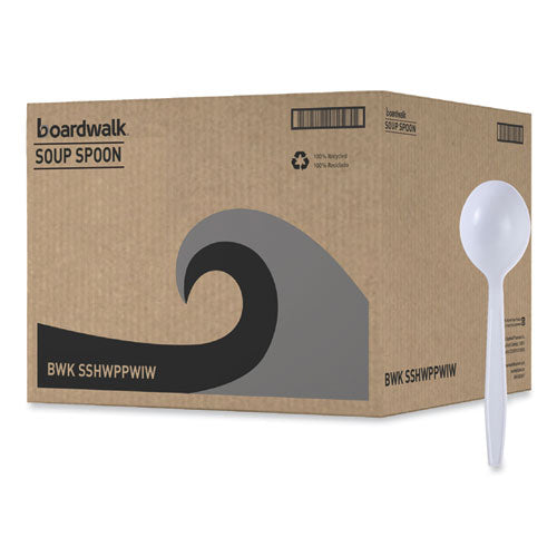 Image of Boardwalk® BWKSSHWPPWIW Heavyweight Wrapped Polypropylene Cutlery, Soup Spoon, Plastic, White, 1,000/Carton