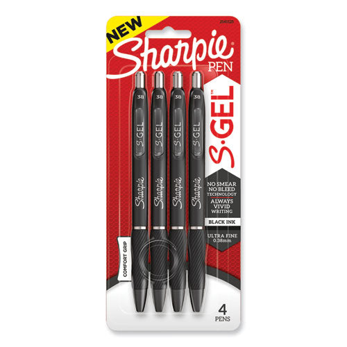 Image of Sharpie® S-Gel 2141125 S-Gel High-Performance Gel Pen, Retractable, Extra-Fine 0.38 mm, Black Ink, Black Barrel, 4/Pack