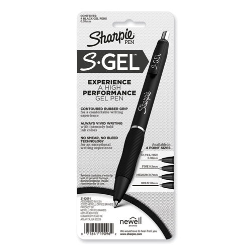 Image of Sharpie® S-Gel 2141125 S-Gel High-Performance Gel Pen, Retractable, Extra-Fine 0.38 mm, Black Ink, Black Barrel, 4/Pack