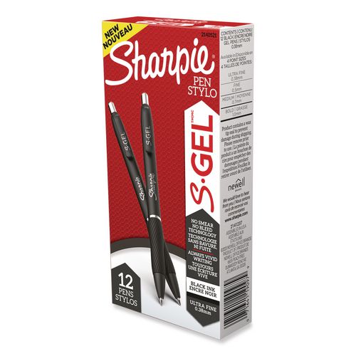 Image of Sharpie® S-Gel 2140521 S-Gel High-Performance Gel Pen, Retractable, Extra-Fine 0.38 Mm, Black Ink, Black Barrel, Dozen
