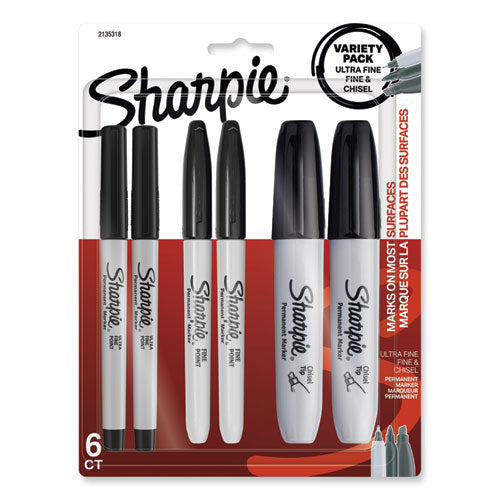 Image of Sharpie® 2135318 Mixed Point Size Permanent Markers, Assorted Tip Sizes/types, Black, 6/pack