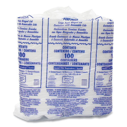Image of Dart® 90HTPF3VR Insulated Foam Hinged Lid Containers, 3 Compartments, 9.01 x 9.4 x 3.1, White, 200/Carton