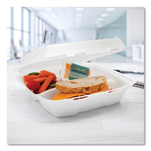 Image of Dart® 90HTPF3VR Insulated Foam Hinged Lid Containers, 3 Compartments, 9.01 x 9.4 x 3.1, White, 200/Carton