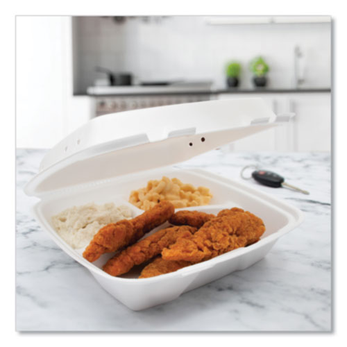Image of Dart® 90HTPF3VR Insulated Foam Hinged Lid Containers, 3 Compartments, 9.01 x 9.4 x 3.1, White, 200/Carton
