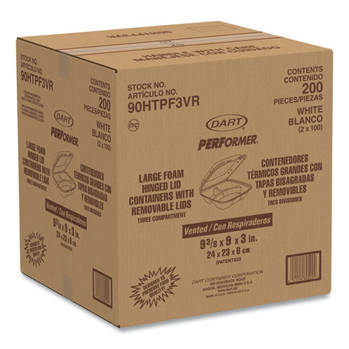 Image of Dart® 90HTPF3VR Insulated Foam Hinged Lid Containers, 3 Compartments, 9.01 x 9.4 x 3.1, White, 200/Carton