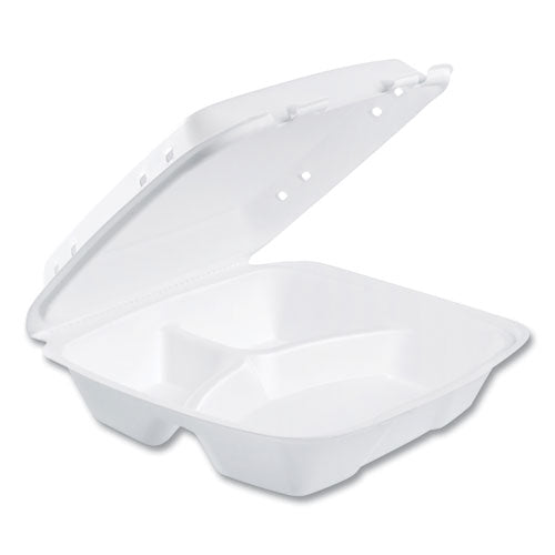 Image of Dart® 90HTPF3VR Insulated Foam Hinged Lid Containers, 3 Compartments, 9.01 x 9.4 x 3.1, White, 200/Carton