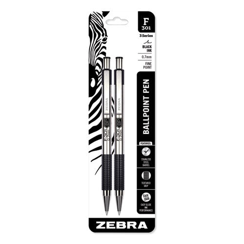 Image of Zebra® 27112 F-301 Ballpoint Pen, Retractable, Fine 0.7 Mm, Black Ink, Stainless Steel/black Barrel, 2/pack
