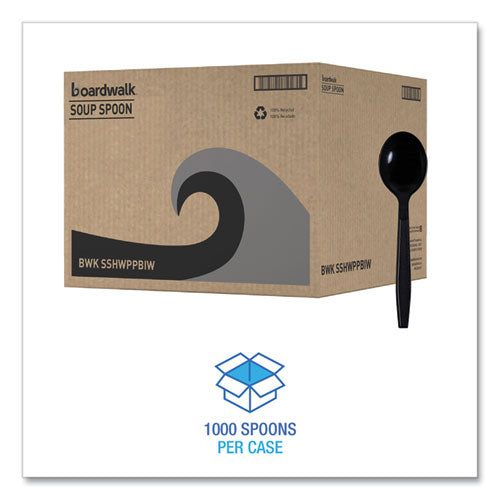 Image of Boardwalk® BWKSSHWPPBIW Heavyweight Wrapped Polypropylene Cutlery, Soup Spoon, Plastic, Black, 1,000/Carton