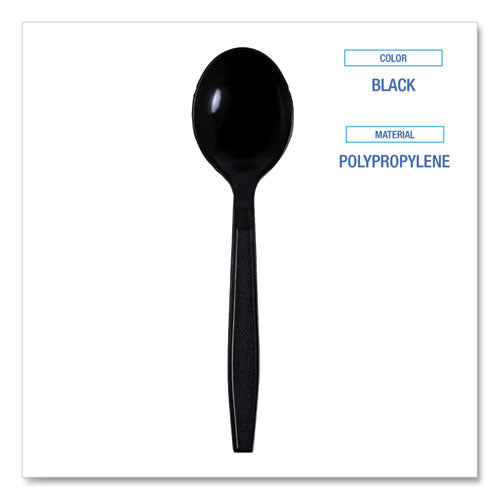 Image of Boardwalk® BWKSSHWPPBIW Heavyweight Wrapped Polypropylene Cutlery, Soup Spoon, Plastic, Black, 1,000/Carton