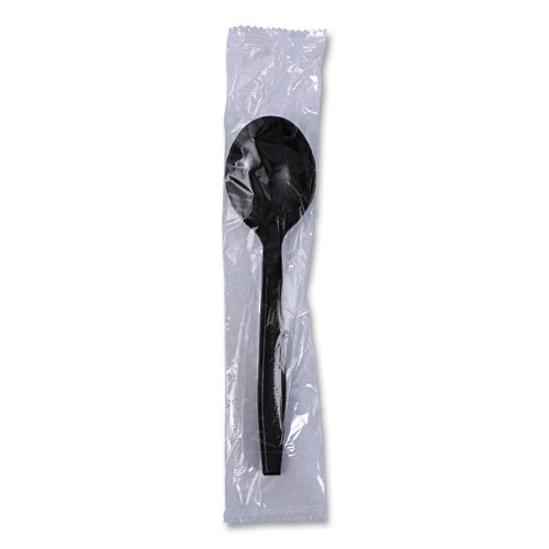 Image of Boardwalk® BWKSSHWPPBIW Heavyweight Wrapped Polypropylene Cutlery, Soup Spoon, Plastic, Black, 1,000/Carton
