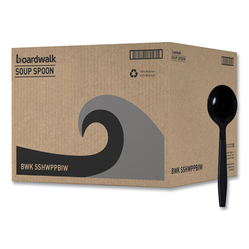 Image of Boardwalk® BWKSSHWPPBIW Heavyweight Wrapped Polypropylene Cutlery, Soup Spoon, Plastic, Black, 1,000/Carton