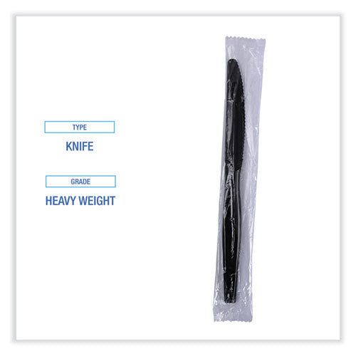 Image of Boardwalk® BWKKNIHWPSBIW Heavyweight Wrapped Polystyrene Cutlery, Knife, Plastic, Black, 1,000/Carton