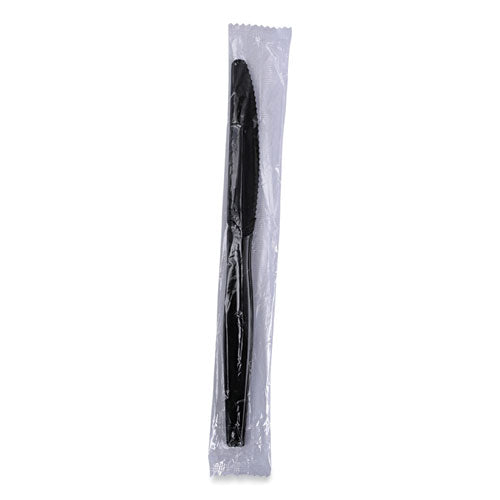 Image of Boardwalk® BWKKNIHWPSBIW Heavyweight Wrapped Polystyrene Cutlery, Knife, Plastic, Black, 1,000/Carton