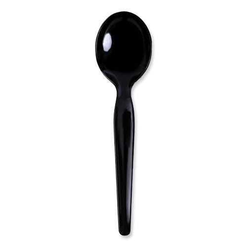 Image of Boardwalk® BWKSOUPHWPSBLA Heavyweight Polystyrene Cutlery, Soup Spoon, Plastic, Black, 1,000/Carton
