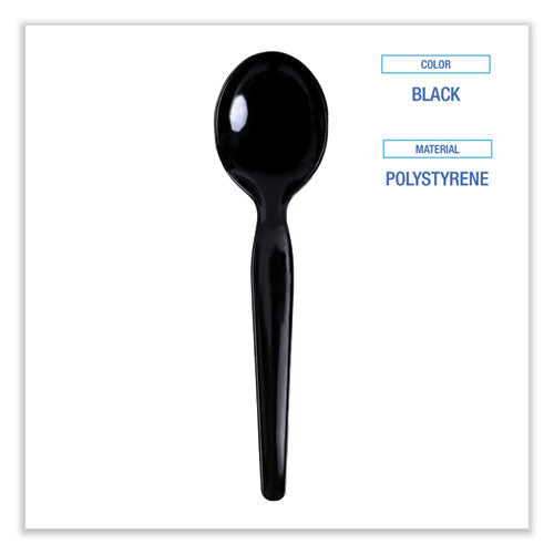 Image of Boardwalk® BWKSOUPHWPSBLA Heavyweight Polystyrene Cutlery, Soup Spoon, Plastic, Black, 1,000/Carton