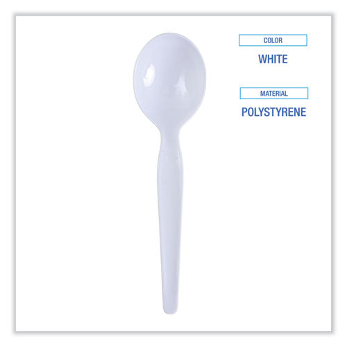 Image of Boardwalk® BWKSOUPHWPSWH Heavyweight Polystyrene Cutlery, Soup Spoon, Plastic, White, 1,000/Carton