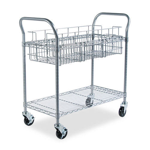 Image of Safco® 5236GR Dual-Purpose Wire Mail and Filing Cart, Metal, 1 Shelf, 1 Bin, 39" x 18.75" x 38.5", Metallic Gray