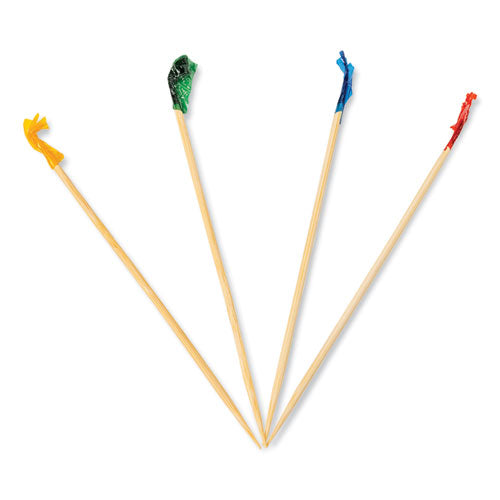 Image of AmerCareRoyal® R812B Cellophane-Frill Wood Picks, 4", Bamboo, Assorted Colors, 10,000/Carton