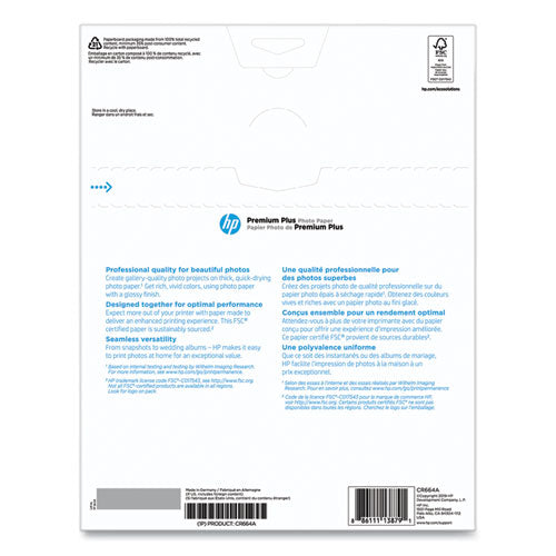 Image of HP CR664A Premium Plus Photo Paper, 11.5 Mil, 8.5 X 11, Glossy White, 50/pack