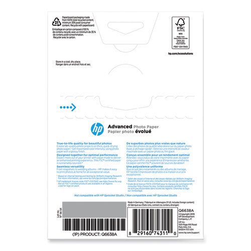 Image of HP Q6638A Advanced Photo Paper, 10.5 Mil, 4 X 6, Glossy White, 100/pack