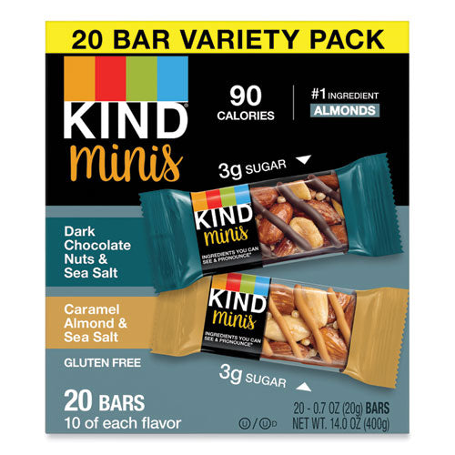 Image of KIND 27964 Minis, Dark Chocolate Nuts and Sea Salt/Caramel Almond and Sea Salt, 0.7 oz Bar, 20/Pack