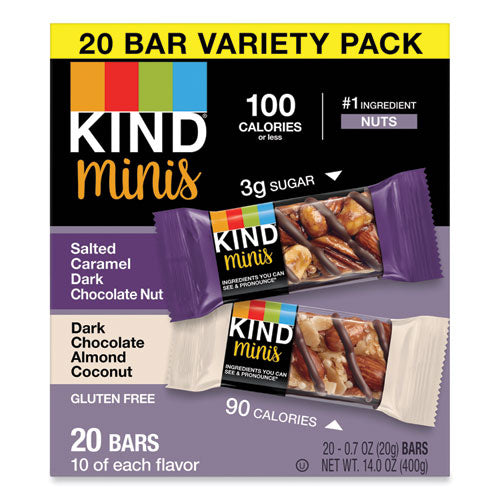 Image of KIND 27970 Minis, Salted Caramel And Dark Chocolate Nut/dark Chocolate Almond And Coconut, 0.7 Oz, 20/pack
