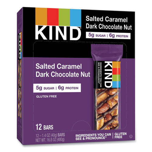 Image of KIND 26961 Nuts and Spices Bar, Salted Caramel and Dark Chocolate Nut, 1.4 oz Bar, 12/Pack