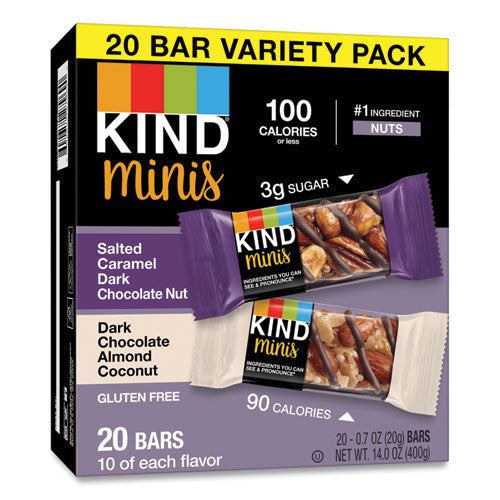 Image of KIND 27970 Minis, Salted Caramel And Dark Chocolate Nut/dark Chocolate Almond And Coconut, 0.7 Oz, 20/pack