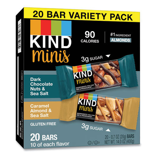 Image of KIND 27964 Minis, Dark Chocolate Nuts and Sea Salt/Caramel Almond and Sea Salt, 0.7 oz Bar, 20/Pack