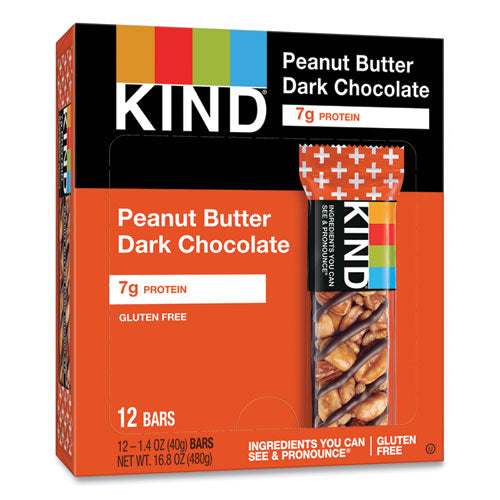 Image of KIND 17256 Plus Nutrition Boost Bar, Peanut Butter Dark Chocolate/Protein, 1.4 oz Bar, 12/Box