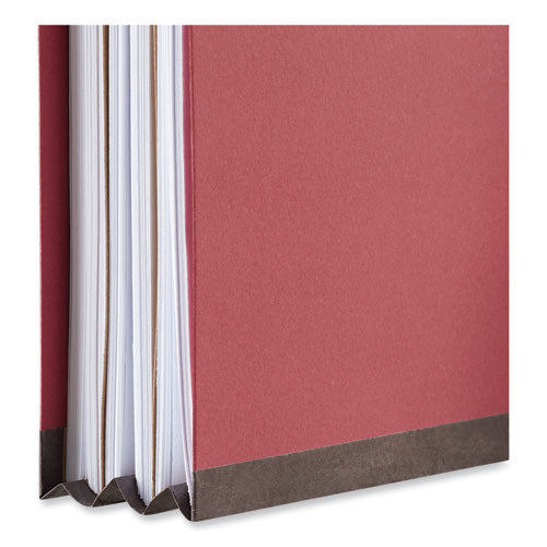 Image of Universal® Pressboard Classification Folders, 2/5-Cut Tab: Right of Center, Expands 2", 1 Divider, 4 Fasteners, Letter Size, Red, 10/Box